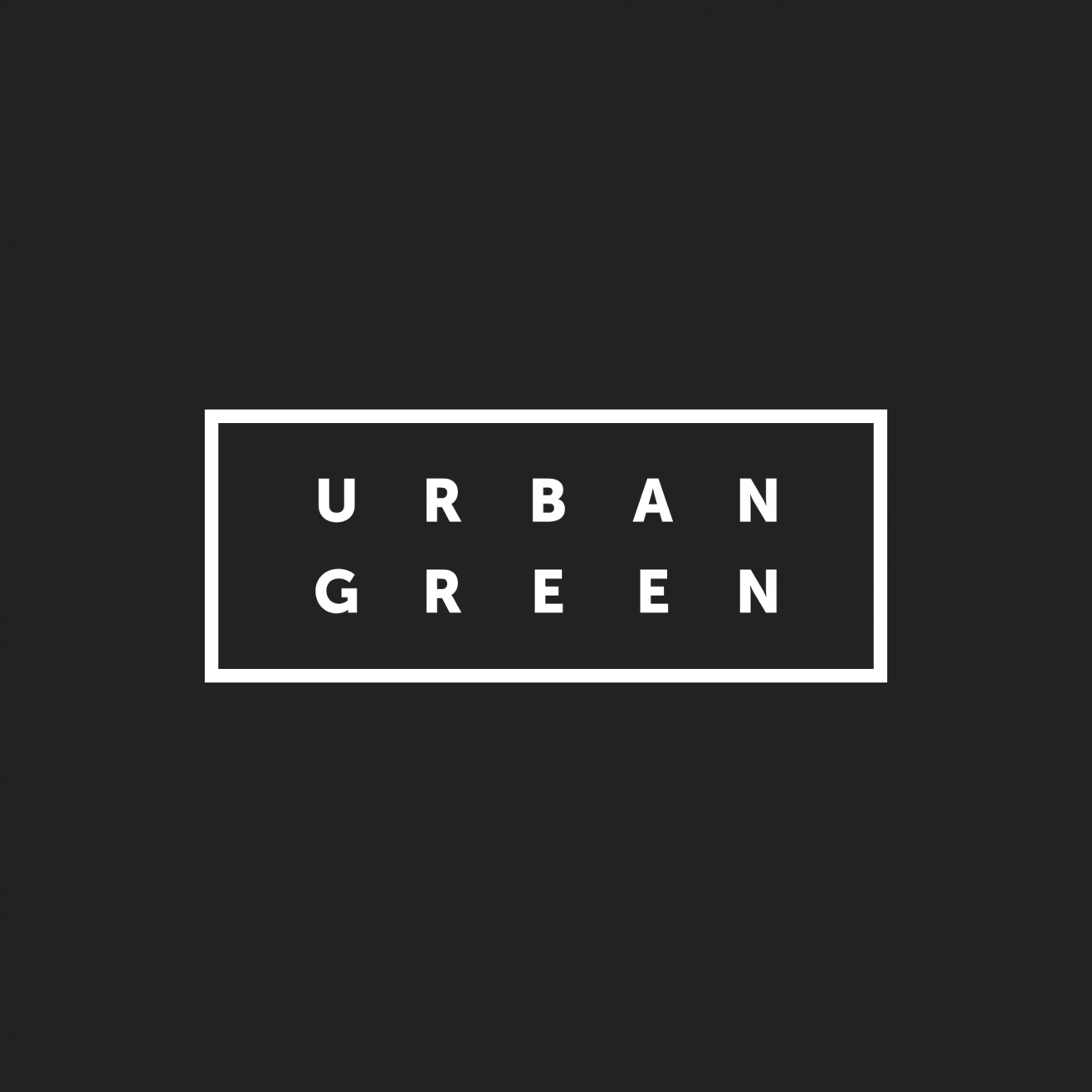 Urban Green's logo in white on black. The logo is made up of the words Urban Green spaced out evenly within a rectangular hollow box.