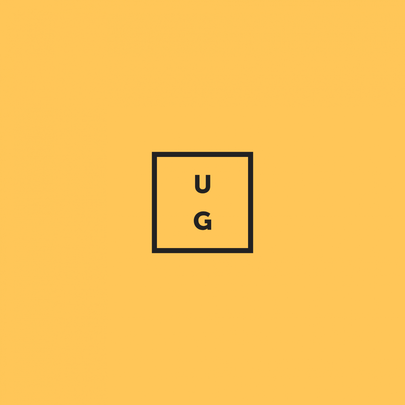 Urban Green's small form logo in black on sandy yellow. The logo is made up of the letters U and G above one another within rectangular hollow square, designed to work in circular and square locations on social media..