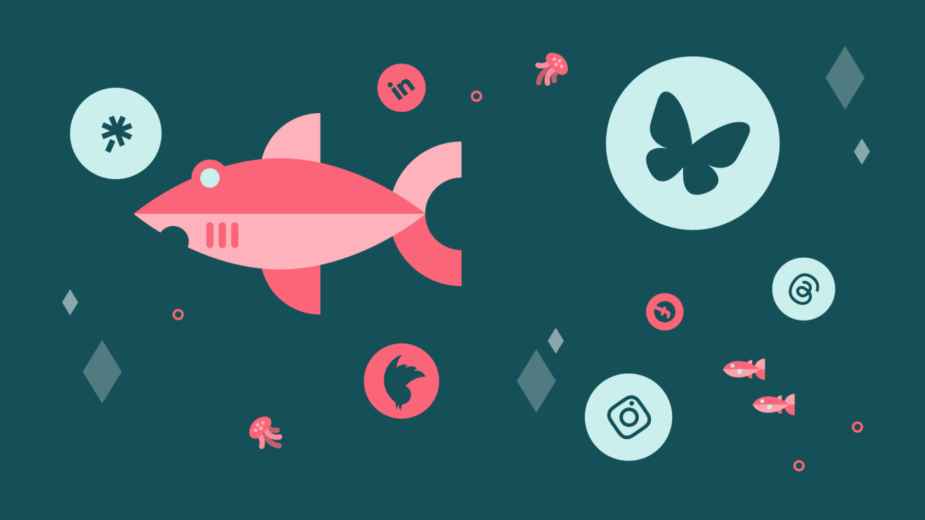Image of social media icons drifting around a shark and other sealife.